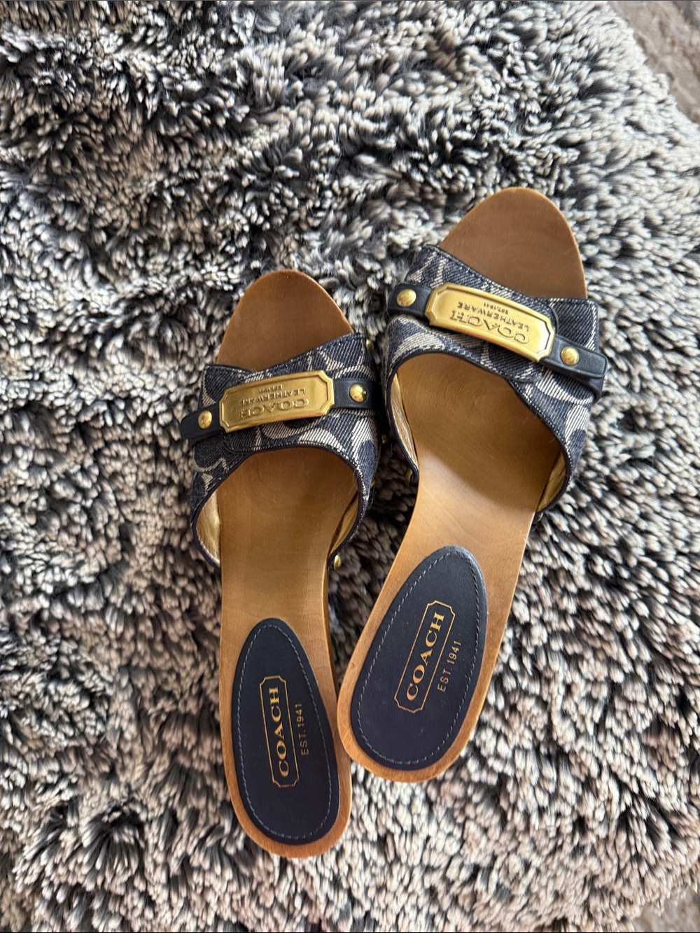 Coach Denim Logo Slide Sandals in Navy and Tan